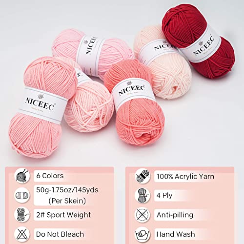 NICEEC 6×50g Soft Assorted Colors Yarn Sport Weight Yarn Bonbons Yarn for Crochet Knit 4 Ply Acrylic Yarn for DIY Project Starter Crochet Kit for Kids or Adults(6×145yds)-Pink Series | The Storepaperoomates Retail Market - Fast Affordable Shopping