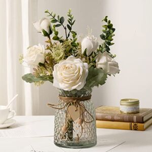 Fake Flowers with Vase, Silk Roses Artificial Flowers in Vase, Faux Flower Arrangement with Vase Suitable for Home Office Decoration, Dining Table Centerpiece(White)