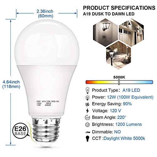 Dusk to Dawn Light Sensor Bulbs, A19 12W(100 Watt Equivalent) LED Auto On Off Light Bulbs, 1200 Lumens, E26 Base, Daylight White 5000K Smart Sensor Lights Outdoor Indoor for Porch Garage Yard, 4-Pack | The Storepaperoomates Retail Market - Fast Affordable Shopping