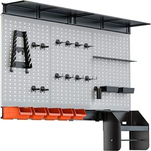 TORACK Pegboard Wall Organizer 4 ft. Garage Metal Pegboard Organizer Utility Tool Storage Kit with Toolboard Hooks Accessories, Wall Mounted Storage Bins, Paper Towel Holder, Overhead Shelf