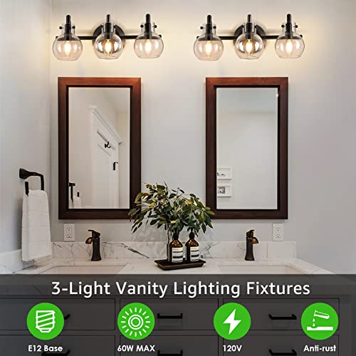 Bathroom Vanity Light Fixtures, Modern 3 Lights Wall Sconce Lighting Matte Black, Farmhouse Metal Wall Lamp with Globe Glass Shade, Porch Wall Mount Light Fixture for Mirror Cabinets Hallway Stairs | The Storepaperoomates Retail Market - Fast Affordable Shopping