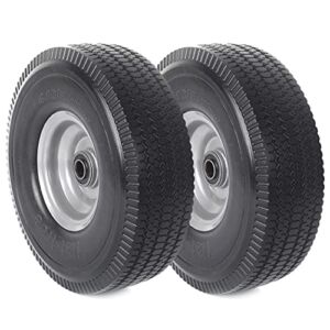(2-Pack) AR-PRO 10 x 3.50-4” Solid PU Run-Flat Tire Wheel – 10” Flat Free Tubeless Tires and Wheels for Utility Equipment – 5/8” Axle Bore Hole, Offset Hub, and Double-Sealed Ball Bearings