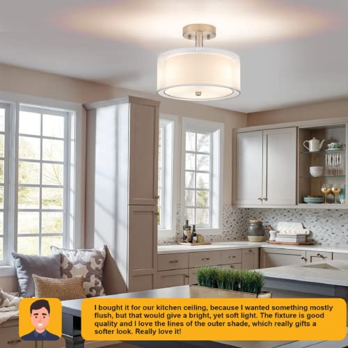 3-Light Semi Flush Mount Ceiling Light Fixture, Drum Light with Double Fabric Shade, Modern Close to Ceiling Lamps for Living Room, Bedroom, Dining Room, Kitchen, Hallway, Entry, Foyer | The Storepaperoomates Retail Market - Fast Affordable Shopping