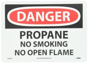 NMC D397AB OSHA Sign, Legend “DANGER – PROPANE NO SMOKING NO OPEN FLAME”, 14″ Length x 10″ Height, Aluminum, Black/Red on White