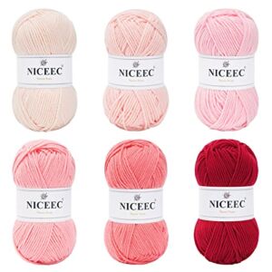 NICEEC 6×50g Soft Assorted Colors Yarn Sport Weight Yarn Bonbons Yarn for Crochet Knit 4 Ply Acrylic Yarn for DIY Project Starter Crochet Kit for Kids or Adults(6×145yds)-Pink Series