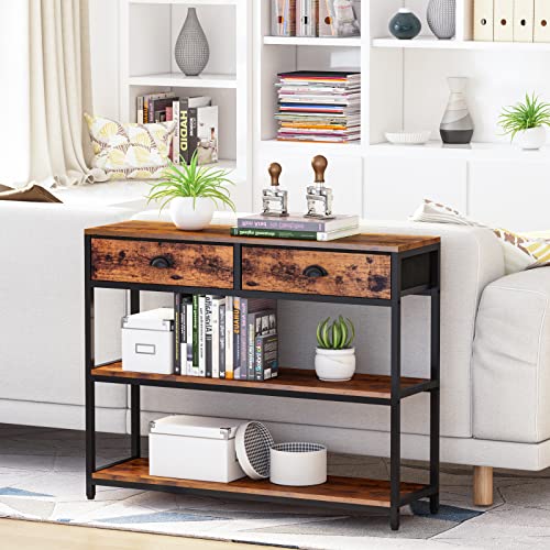 Furologee Console Table with 2 Drawers, Industrial Sofa Table, Entryway Table with 3-Tier Storage Shelves, Narrow Accent Table Metal Frame for Living Room/Entryway/Hallway, Rustic Brown | The Storepaperoomates Retail Market - Fast Affordable Shopping