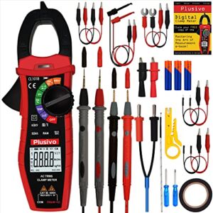 Plusivo Digital T-RMS 6000 Counts, Multimeter, Non Contact Voltage Tester, Auto-ranging, Measures Current Voltage Temperature Capacitance Resistance Diodes Continuity Duty-Cycle (AC Clamp Meter)