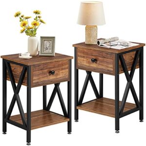 VECELO Nightstand Set of 2, Modern Bedside End Tables, Night Stands with Drawer and Storage Shelf for Living Room Bedroom, Industrial Metal Frame, Brown