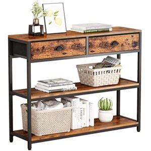 Furologee Console Table with 2 Drawers, Industrial Sofa Table, Entryway Table with 3-Tier Storage Shelves, Narrow Accent Table Metal Frame for Living Room/Entryway/Hallway, Rustic Brown
