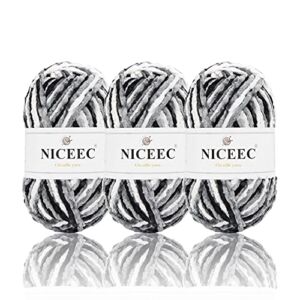 NICEEC 3 Skeins Soft Chenille Yarn Blanket Yarn Velvet Yarn for Knitting Fancy Yarn for Crochet Weaving DIY Craft Total Length 3×85m (3×93yds, 3×50g)_Black White Gray