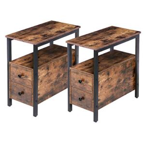 HOOBRO End Table, Set of 2, Recliner Side Table with 2 Drawer and Open Shelf, Narrow Nightstand for Small Space, in Living Room, Bedroom, Wood Look Accent Table, Rustic Brown and Black BF54BZP201G1