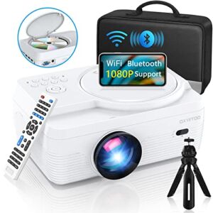 Full HD WiFi Bluetooth Projector Built in DVD Player, 8000LM 1080P Supported, Portable Mini DVD Projector for Outdoor Movies, 250″ Home Theater, Compatible with iOS/Android/TV Stick/PS4/HDMI/USB/TF
