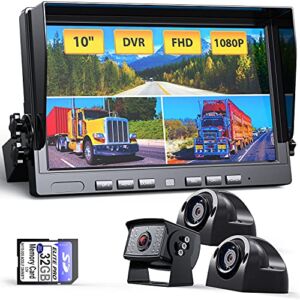 10″ Wired 1080P Backup Camera Monitor System Kit, Advanced DVR Recording Function & 1/2/3/4 Split Screen Monitor w/ IP69 Waterproof Rear/ Side View Camera for Truck Trailer RV Bus Camper, Xroose C103
