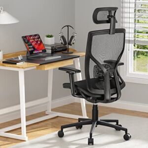 SUNNOW Ergonomic Office Chair with Adjustable Lumbar Support, High-Back Mesh Desk Chair with Sliding Seat, Headrest, 2D Armrest – Swivel Computer Task Chair for Home