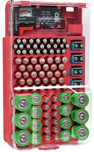 The Battery Organizer and Tester with Cover, Battery Storage Organizer and Case, Holds 93 Batteries of Various Sizes, Includes a Removable Battery Tester, Battery Holder for Garage Organization, Red