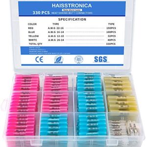 330PCS haisstronica Heat Shrink Butt Connectors-Marine Grade Waterproof Wire Connectors Kit-Tinned Red Copper Insulated Electrical Crimp Connectors for Boat,Truck,Stereo,Joint(4Colors/4Sizes)