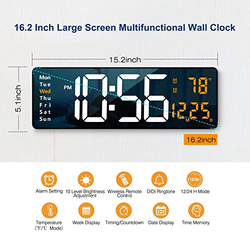 Digital Wall Clock Large Display, 16.2 Inch Large Wall Clocks, LED Digital Clock with Remote Control for Living Room Decor, Automatic Brightness Dimmer Big Clock with Date Week Temperature (Orange) | The Storepaperoomates Retail Market - Fast Affordable Shopping