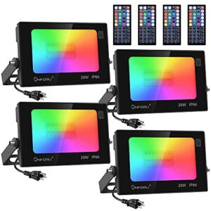 Onforu 4 Pack RGB LED Flood Light 160W Equivalent, DIY Color Changing Stage Lights with Remote, Christmas Light, IP66 Indoor Outdoor Floor Strobe Light, Uplights for Event, Uplighting Party, Wall Wash