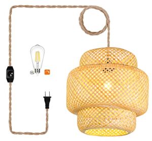 Rattan Plug in Pendant Light Bamboo Hanging Lights With Plug in Cord Wicker Hanging Lamp Dimmable,Handmade Woven Boho Basket Lamp Shade,Chandelier Ceiling light fixture For Living Room Bedroom Kitchen