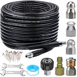 Sewer Jetter Kit for Pressure Washer 100FT, Newest 5800PSI Drain Cleaner Hose 1/4 Inch NPT Corner, Rotating and Button Hose Sewer Jetting Nozzle Pearl Corsage Pin Waterproof Tape with 2 Spanner