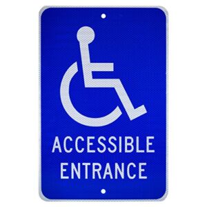 NMC TM149J ACCESSIBLE ENTRANCE Sign – 12in. x 18in. Aluminum Handicapped Parking Sign with Graphic, White on Blue Base