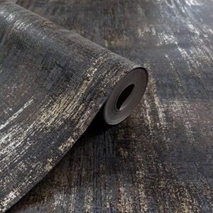 AM1NAH Distressed Wallpaper Industrial Metallic Wall Paper Non-Woven, 20.86” X 362.20”, Charcoal & Gold