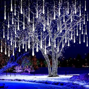 Kwaiffeo Christmas Lights Outdoor, Meteor Shower Lights Falling Rain Lights 12 inch 8 Tube 192 LED Snow Falling Icicle Cascading Lights for Xmas Tree Halloween Decoration Wedding Party, UL Plug, White