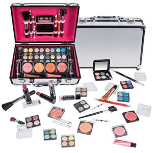 SHANY Carry All Makeup Train Case with Pro Teen Makeup Set, Makeup Brushes, Lipsticks, Eye Shadows, Blushes, and more – Silver
