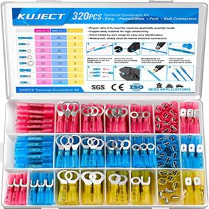 Kuject 320 PCS Heat Shrink Wire Connectors, Multipurpose Waterproof Electrical Wire Terminals kit, Insulated Crimp Connectors Ring Fork Spade Butt Splices for Automotive Marine Boat Truck