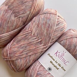 Cotton to The Core Medium Weight #4 Extra Soft Baby Cotton Yarn for Knitting Crocheting Blankets, Heathered, 3 Skeins, 654yds/300g (Baby Pink)