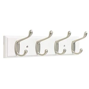 Franklin Brass Heavy Duty Coat and Hat Hook Rail Wall Hooks 4 Hooks, 16 Inches, White & Satin Nickel Finish, FBHDCH4-WSE-R