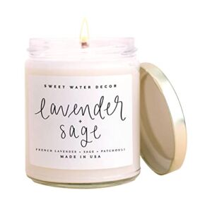 Sweet Water Decor Lavender and Sage Candle | Lavender, Sage, Musk, Patchouli Spa Scented Soy Candles for Home | 9oz Clear Jar, 40 Hour Burn Time, Made in the USA