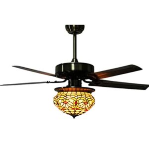SoOSSN 47 InchCeiling Fan with Lights Vintage Lotus Stained Glass Shade LED Fan Chandelier Lamp Pull Chain Ceiling Light for Living Room Bedroom Hotel