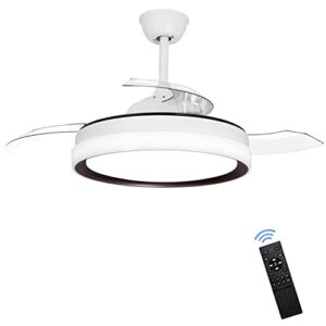 Retractable Ceiling Fan With Light And Remote,Ohniyou 42“ Retractable Blade Ceiling Fan Fandaliers Retractable Fan Light For Bedroom Living Room In 3 Color Changeable, Timer, Noiseless,DC Motor,White