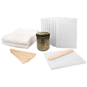 Odie’s Dark Starter Kit with Odies Dark 9 Ounce Jar • 10 Non-Woven White Applicator Pads • 2 Terry Cloth Buffing Towels and 10 Wooden Stirring Sticks