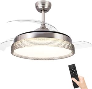 Retractable Ceiling Fan with Lights and Remote – Dimmable 42 Inch Modern Chandelier Ceiling Fan with Retractable Invisible Blades 6 Speed Quiet Fandeliers Fan For Bedroom Living Room Silver