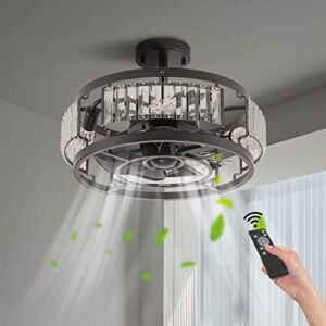 16 Inch Flush Mount Crystal Ceiling Fan, Indoor Crystal Chandelier Fan Light, 6 Speeds, Reversible DC Motor, Time Function Low Profile Ceiling Fan, Industrial Caged Ceiling Fan with Lights and Remote