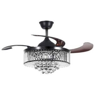 42″ Crystal Ceiling Fan , Black Crystal Ceiling Fan Chandelier with Remote 3 Speeds 3 Colors Changes Lighting Fixture, Blades Retractable Fans for Bedroom Living Room Dining Room