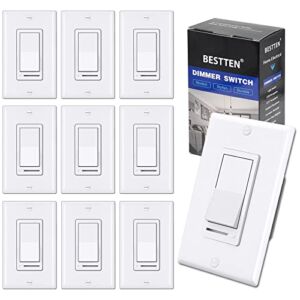 [10 Pack] BESTTEN Dimmer Light Switch, Single-Pole or 3-Way, 120V, Compatible with Dimmable LED, CFL, Incandescent and Halogen Bulbs, Decorator Wallplate Included, UL Listed, White