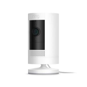 Certified Refurbished Ring Stick Up Cam Plug-In HD security camera with two-way talk, Works with Alexa – White