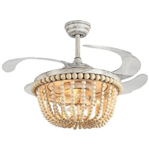 Wood Bead Ceiling Fan with Lights, Boho Chandelier, Reverse Retractable Blades, 42 inch 6-Gear Speed, Remote Control, Timing Function, For Kitchen, Living room, Bedroom （Bulb Not Included）