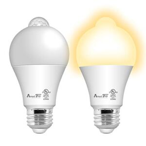 Motion Sensor Light Bulb- 2 Pack, AmeriTop 10W(60W Equivalent) 806lm Motion Activated Dusk to Dawn Security LED Bulb; UL Listed, A19, E26, Auto On/Off Indoor Outdoor Lighting (2700K Soft White)