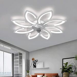 35″ Ceiling Fan with Lights, Flush Mount Ceiling Fan with Dimmable LED Light and Remote Control, Low Profile Ceiling Fan 3-Colors/6-Gear Wind Speed Timing for Bedroom Kids Room Gym (White)