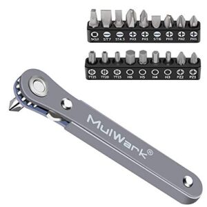 MulWark 20pc 1/4 Ultra Low Profile Mini Ratchet Wrench Close Quarters Screwdriver Set with High Torque – Right Angle EDC Tool with 90 Degree Mini Offset Reversible Drive Handle & Multi Hex Bits Set