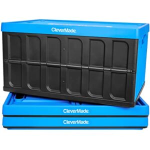CleverMade – 8034119-21843PK 62L Collapsible Storage Bins with Lids – Folding Plastic Stackable Utility Crates, Solid Wall CleverCrates, 3 Pack, Neptune Blue