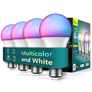 TREATLIFE Smart Light Bulbs 4 Pack, 2.4GHz Music Sync Color Changing Light Bulb, Works with Alexa Google Home, A19 E26 Dimmable LED Light Bulb 9W 800 Lumen for Party Decoration, Smart Home Lighting