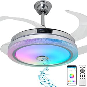 NUTCRUST Retractable Ceiling Fan with Light and Bluetooth Speaker, 6 Speeds Reversible Blade Ceiling Fan with Color Temperature Memory, 7 Color Changes Chandelier, Remote and APP Control
