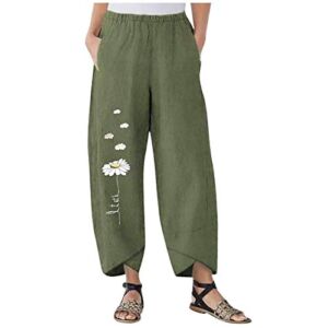 Kingspinner Capri Pants for Women Dressy Women’s Casual Cotton Linen Pant Cropped Wide Leg Pants with Pockets