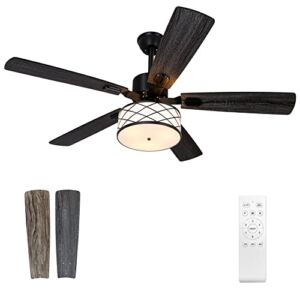 52″ Ceiling Fan with Light and Remote Farmhouse Ceiling Fan Indoor Outdoor Ceiling Fan with 3 Lights Rustic Caged Light for Dining Room Sun Room Porch Patio Reversible Wood Blades（4″ &8″ Downrod）