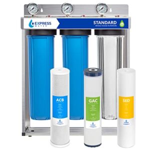 Express Water Whole House Water Filter – 3 Stage Home Water Filtration System – Sediment, Coconut Shell Carbon Filters – includes Pressure Gauges, Easy Release, and 1” Inch Connections